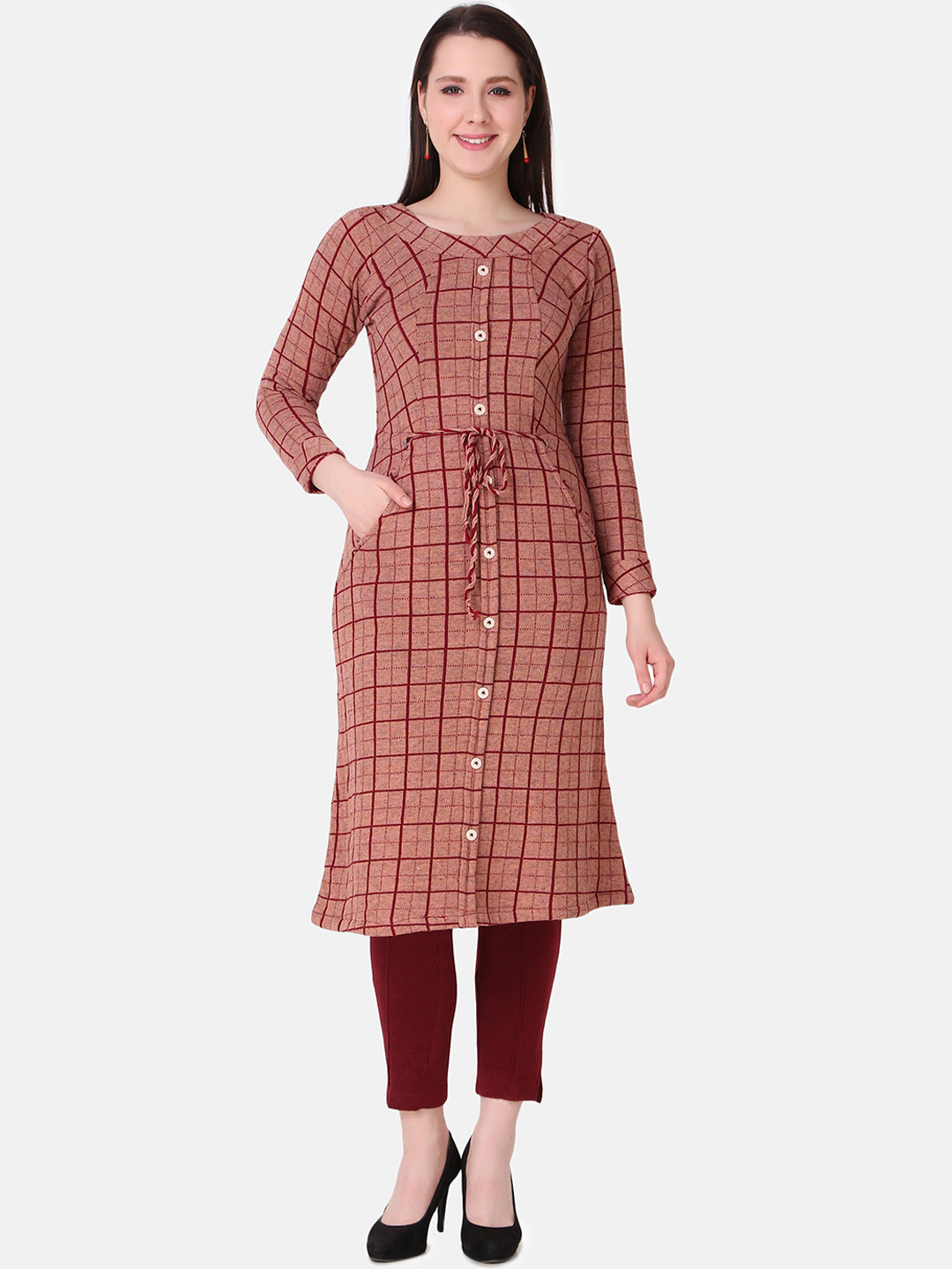 

Elthia Checked Printed A-Line Kurta With Trousers, Camel brown