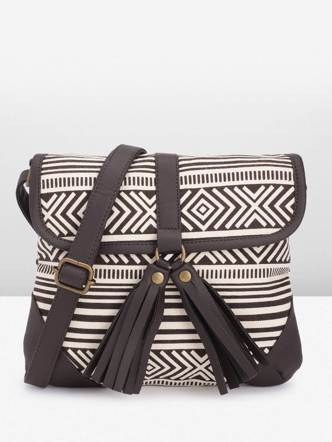 

Anouk Geometric Printed Structured Tasselled Sling Bag, Brown