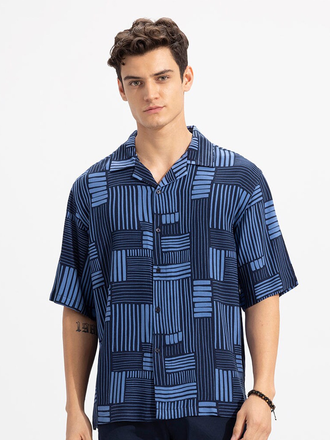 

Snitch Blue Classic Oversized Geometric Printed Casual Shirt
