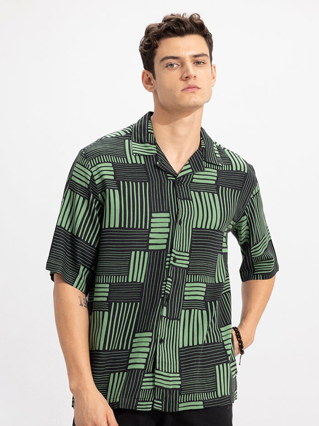 

Snitch Green Classic Oversized Geometric Printed Casual Shirt