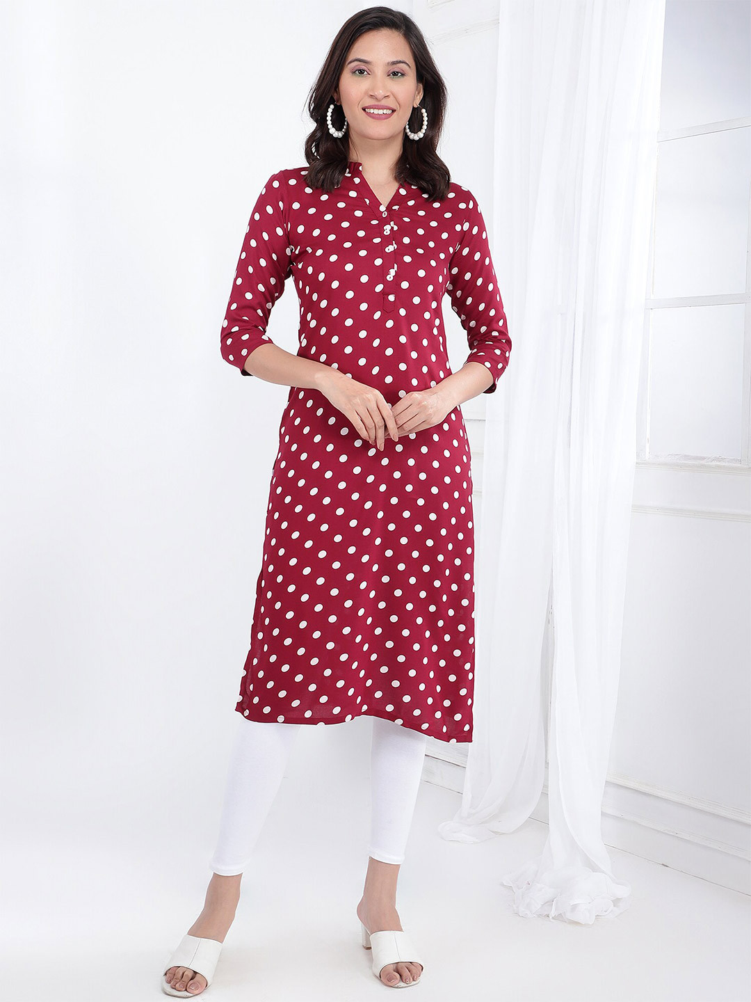 

Bani Women Polka Dot Printed Mandarin Collar Liva Straight Kurta, Maroon