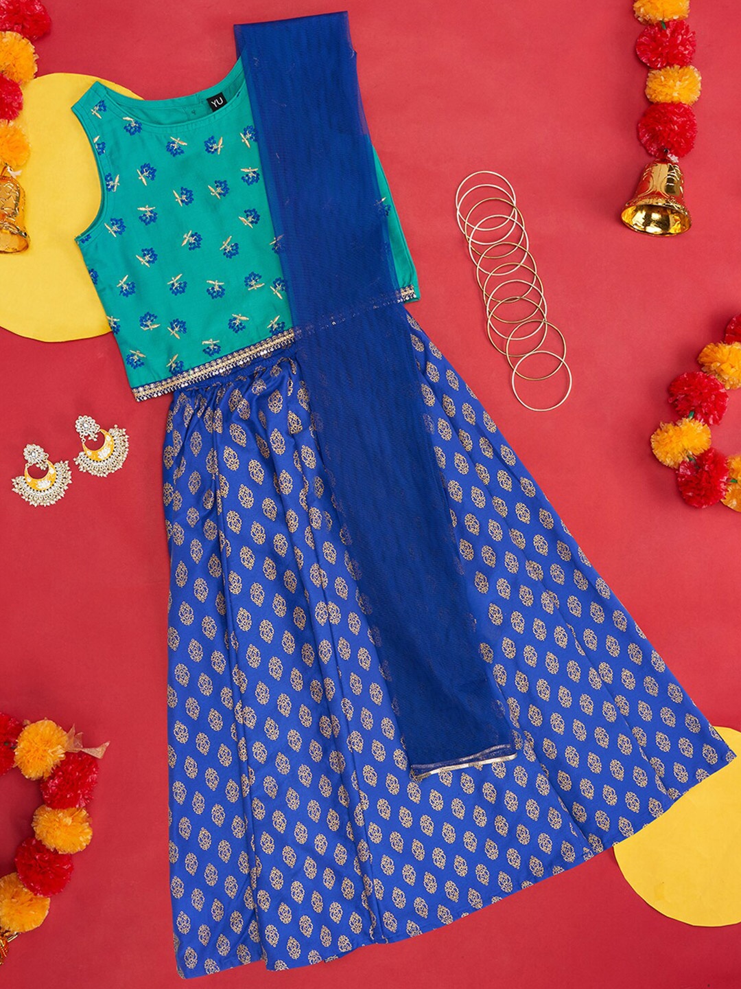 

YU by Pantaloons Girls Printed Ready to Wear Lehenga & Blouse With Dupatta, Teal