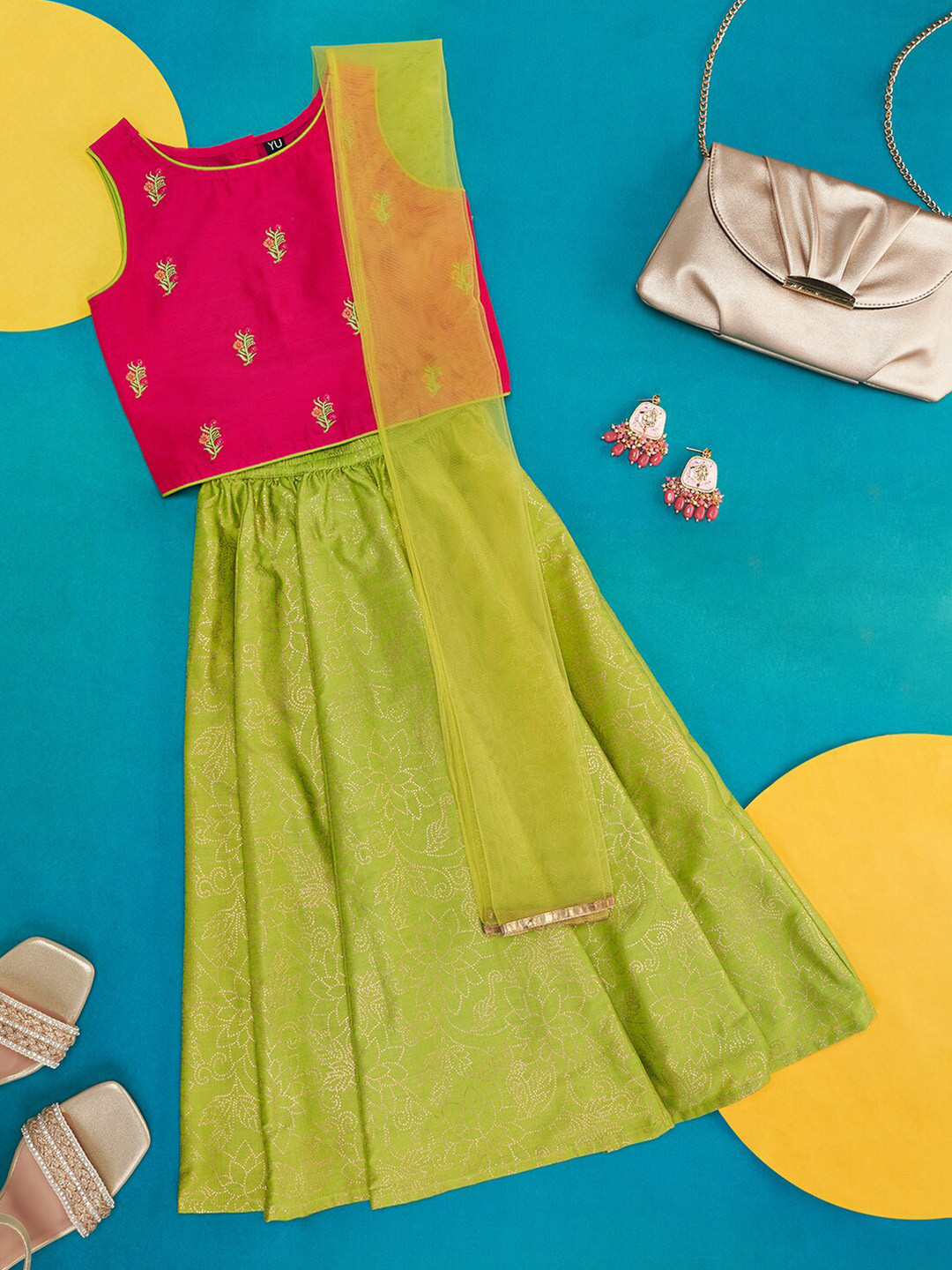 

YU by Pantaloons Girls Printed Ready to Wear Lehenga & Blouse With Dupatta, Lime green