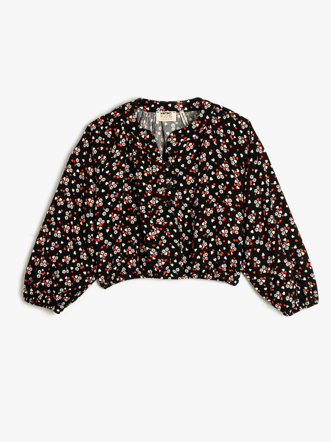 

Koton Girls Floral Printed Mandarin Collar Blouson Top, Black