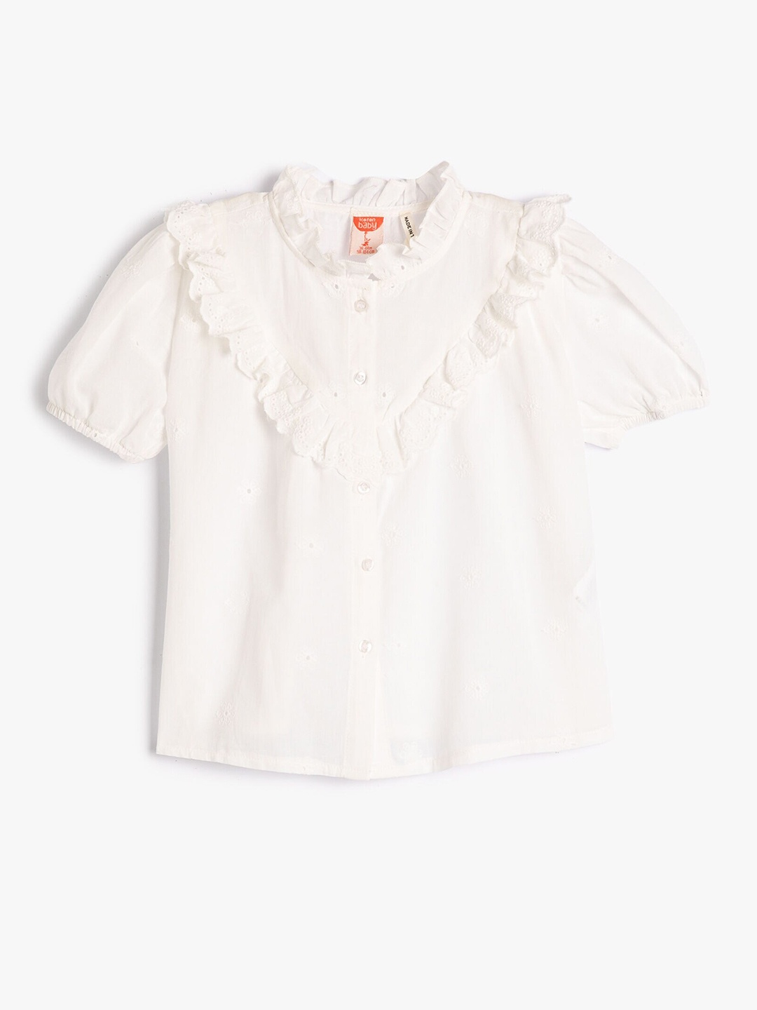 

Koton Girls Band Collar Puff Sleeve Opaque Casual Cotton Shirt, White