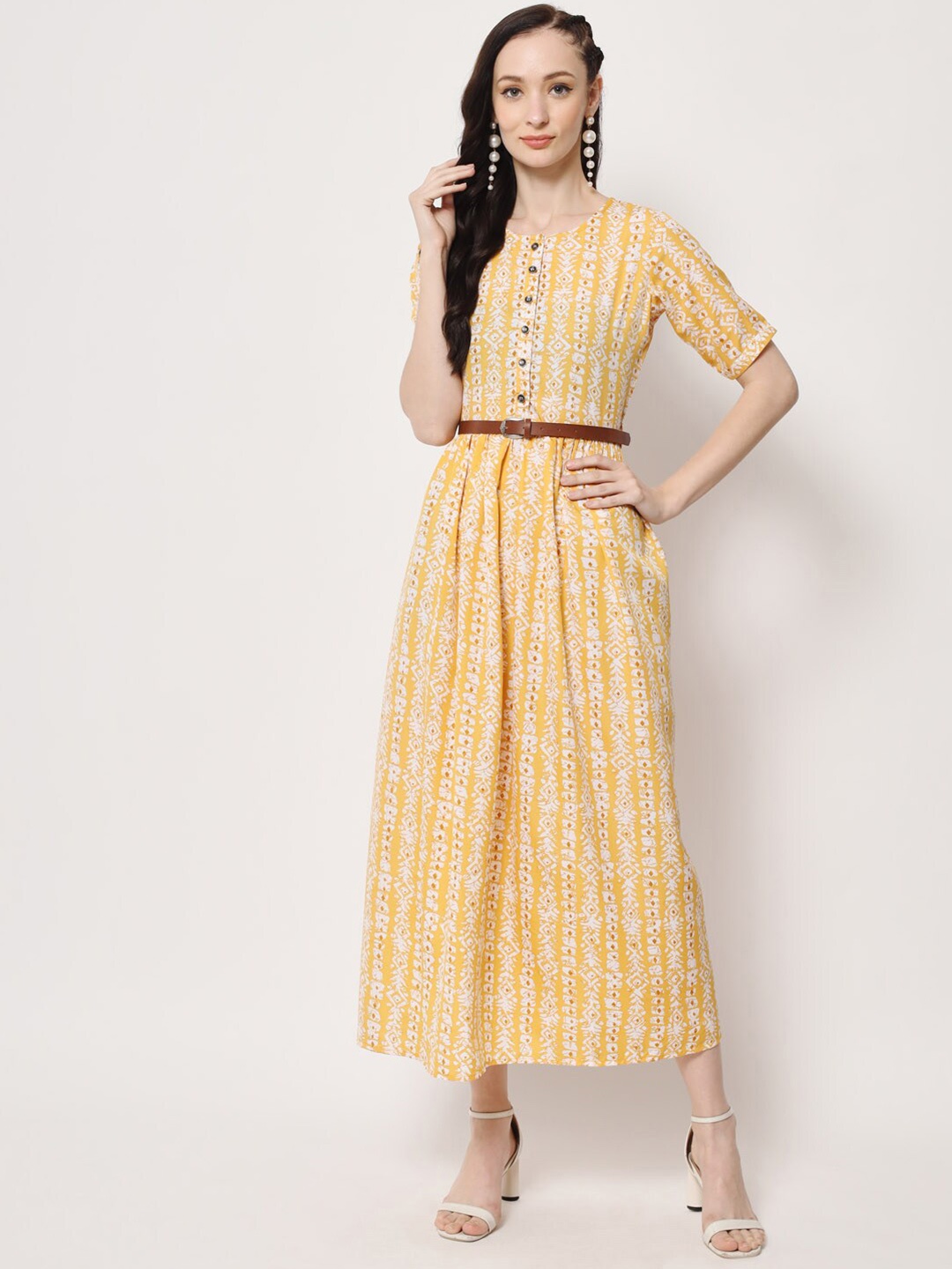 

OCEANISTA Ethnic Motifs Printed Round Neck Belted Fit & Flare Midi Dress, Yellow