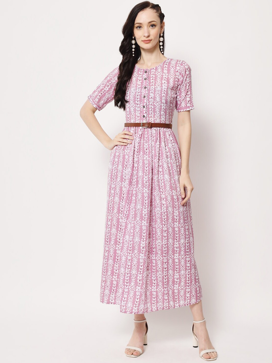 

OCEANISTA Ethnic Motifs Printed Round Neck Belted Fit & Flare Midi Dress, Pink