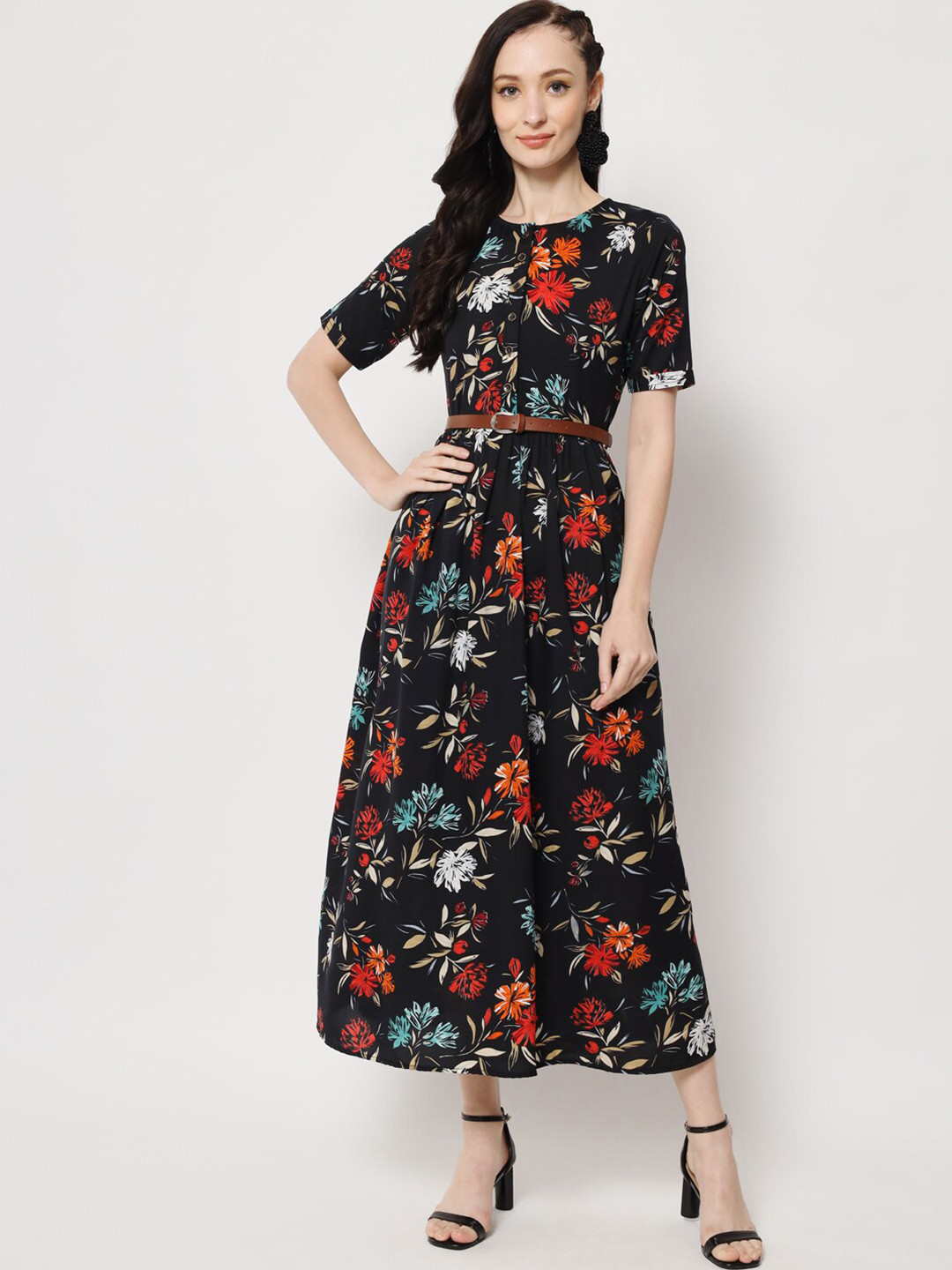 

OCEANISTA Floral Printed Belted Round Neck Fit & Flare Dress, Black