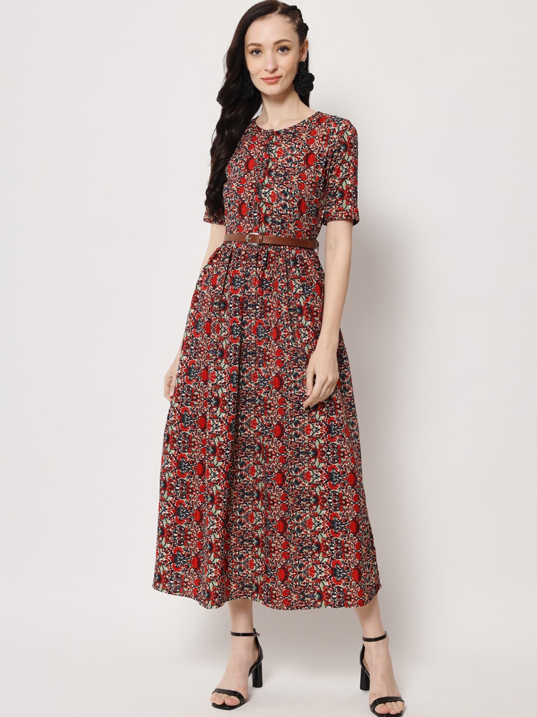 

OCEANISTA Floral Printed Belted Round Neck Fit & Flare Dress, Maroon