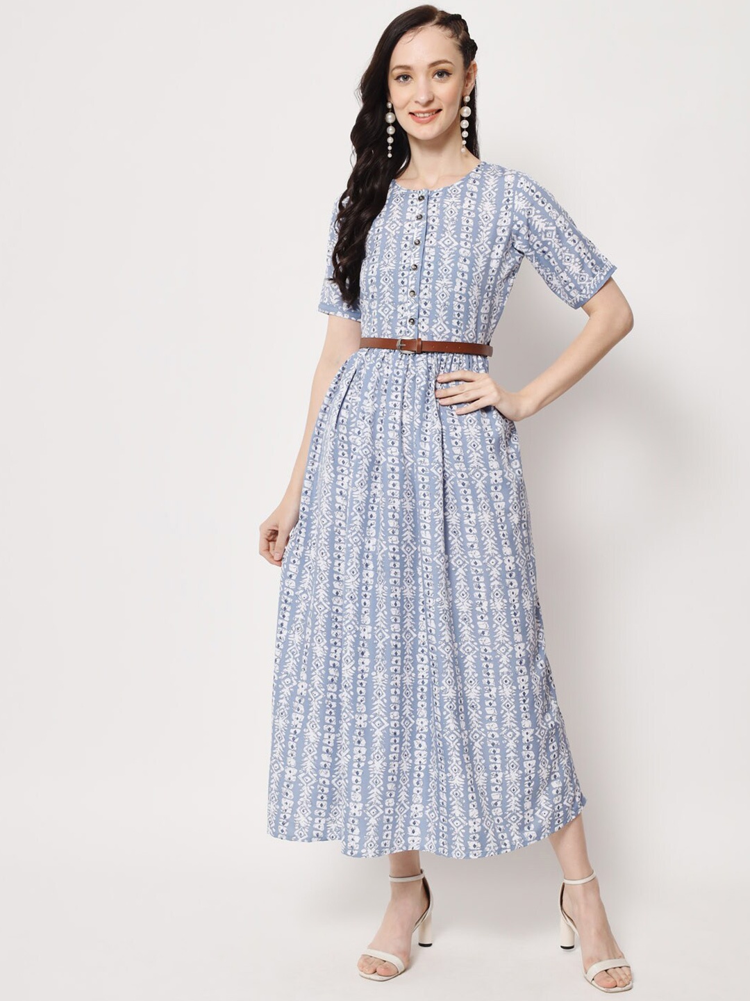 

OCEANISTA Ethnic Motifs Printed Round Neck Belted Fit & Flare Midi Dress, Blue
