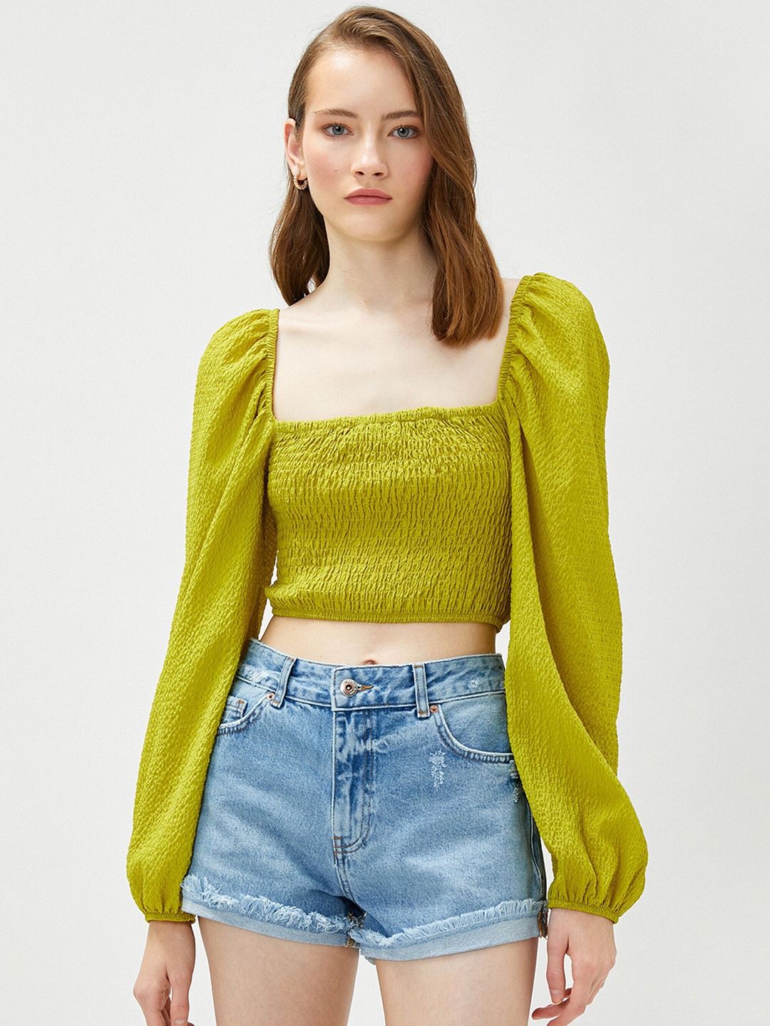 

Koton Self Design Square Neck Smocked Puff Sleeve Crop Top, Green