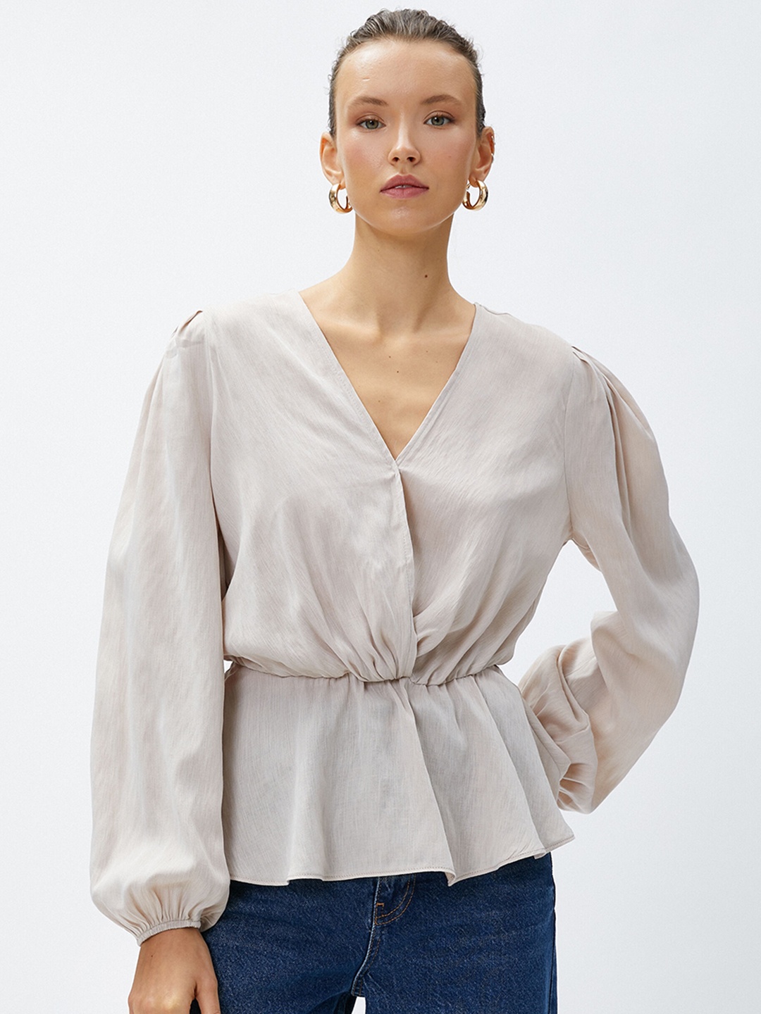 

Koton Puff Sleeve V-Neck Peplum Top, Beige