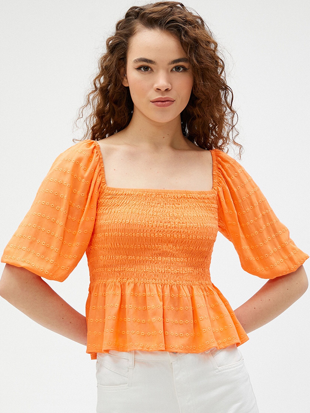 

Koton Self Design Square Neck Puff Sleeve Smocked Peplum Top, Orange