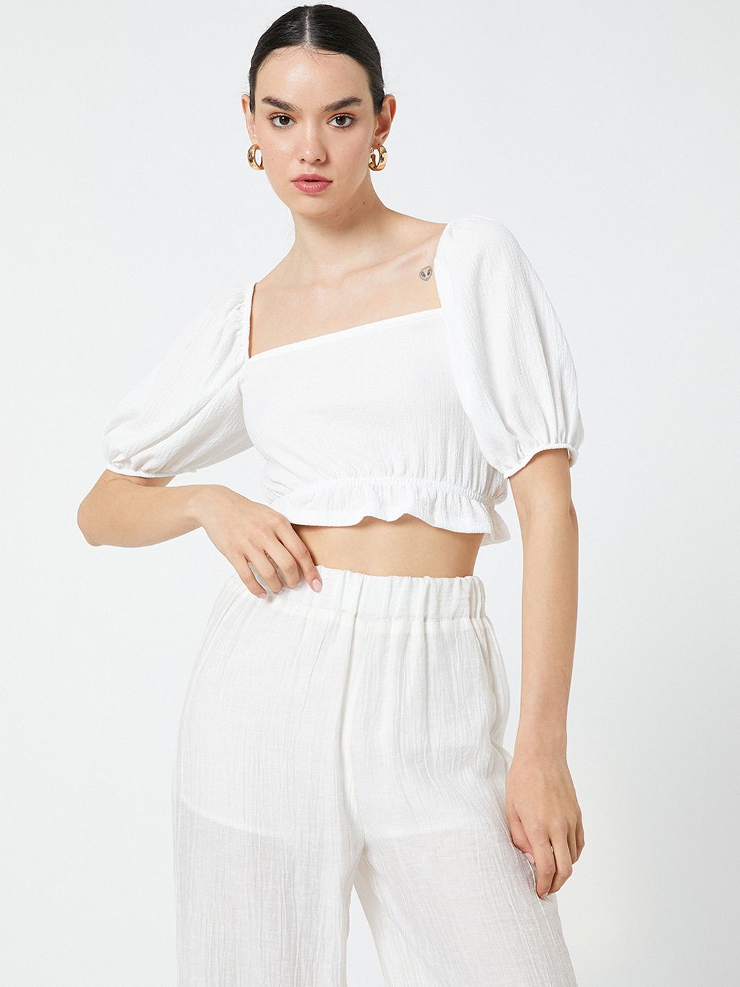 

Koton Puff Sleeves Peasant Style Crop Top, White