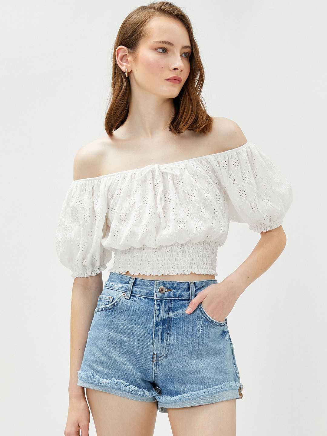 

Koton Off-Shoulder Puff Sleeve Crop Top, White