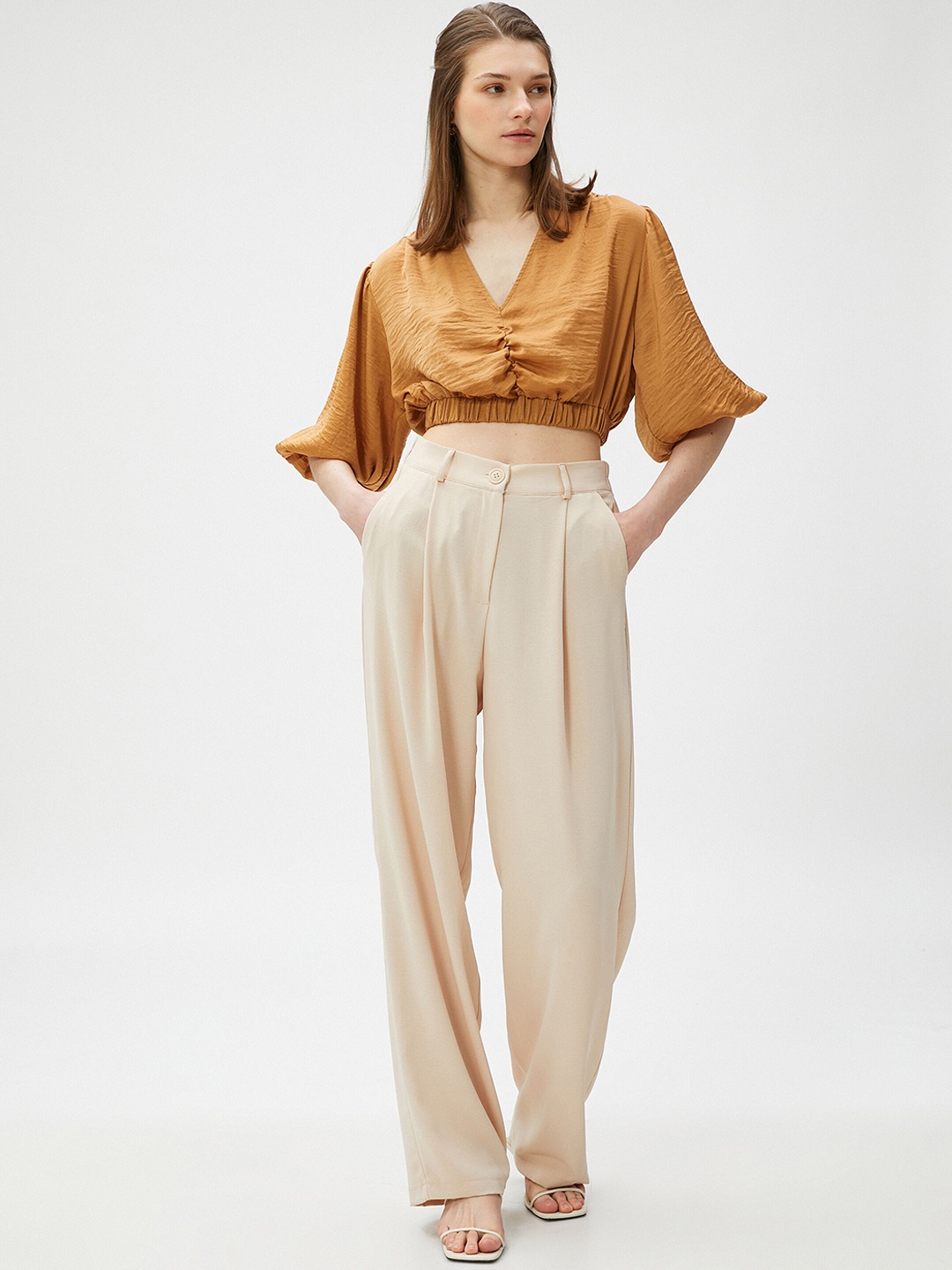 

Koton Puff Sleeve Blouson Crop Top, Brown