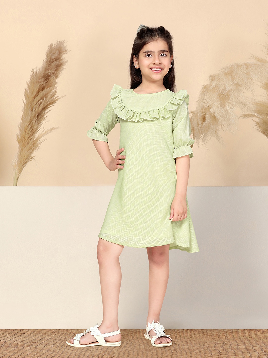 

FASHION DREAM Girls Checked Ruffled A-Line Dress, Green