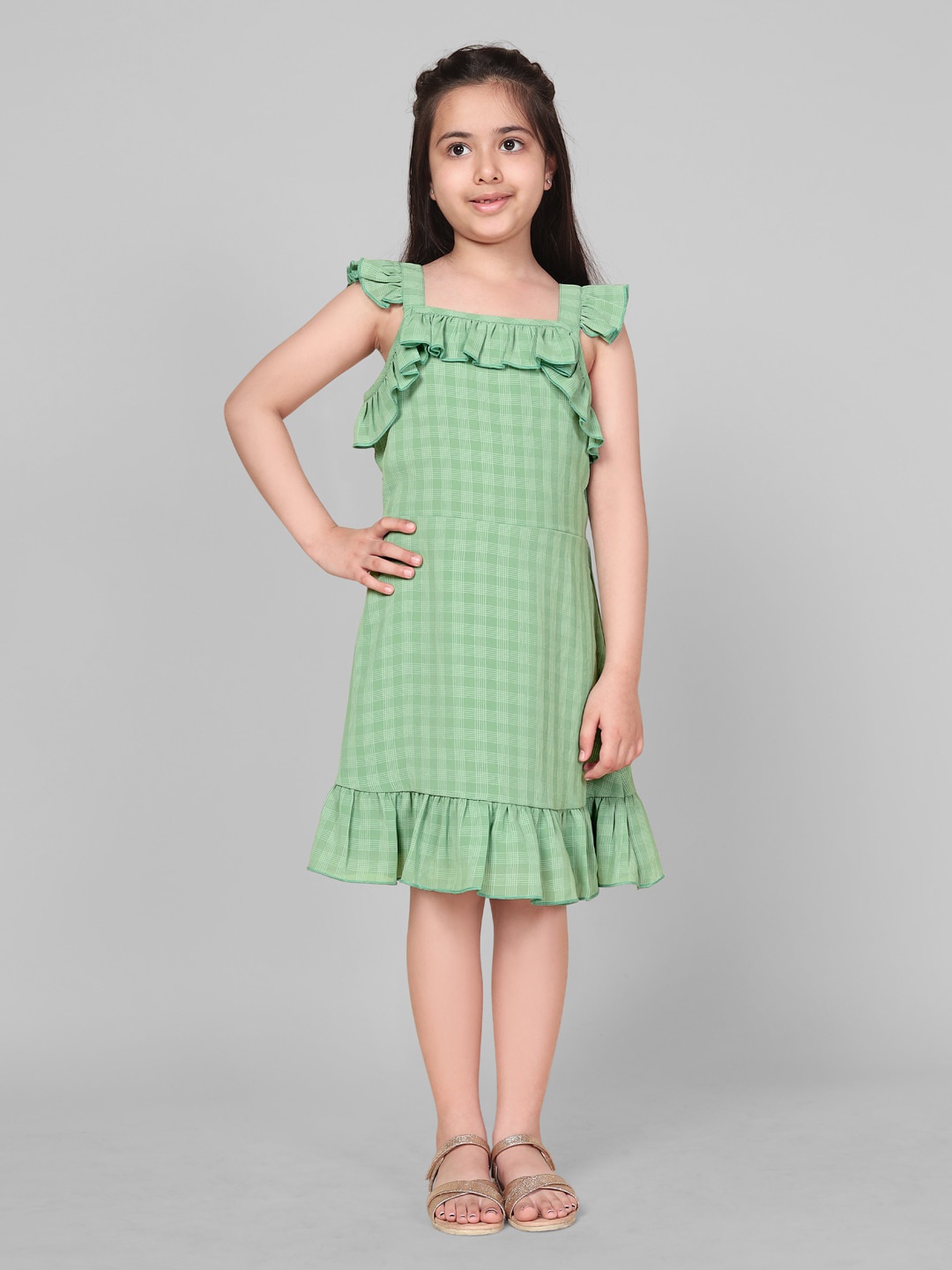 

FASHION DREAM Checked Ruffled A-Line Dress, Green