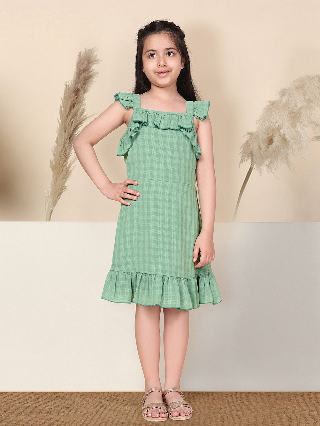 

FASHION DREAM Checked Ruffled A-Line Dress, Green