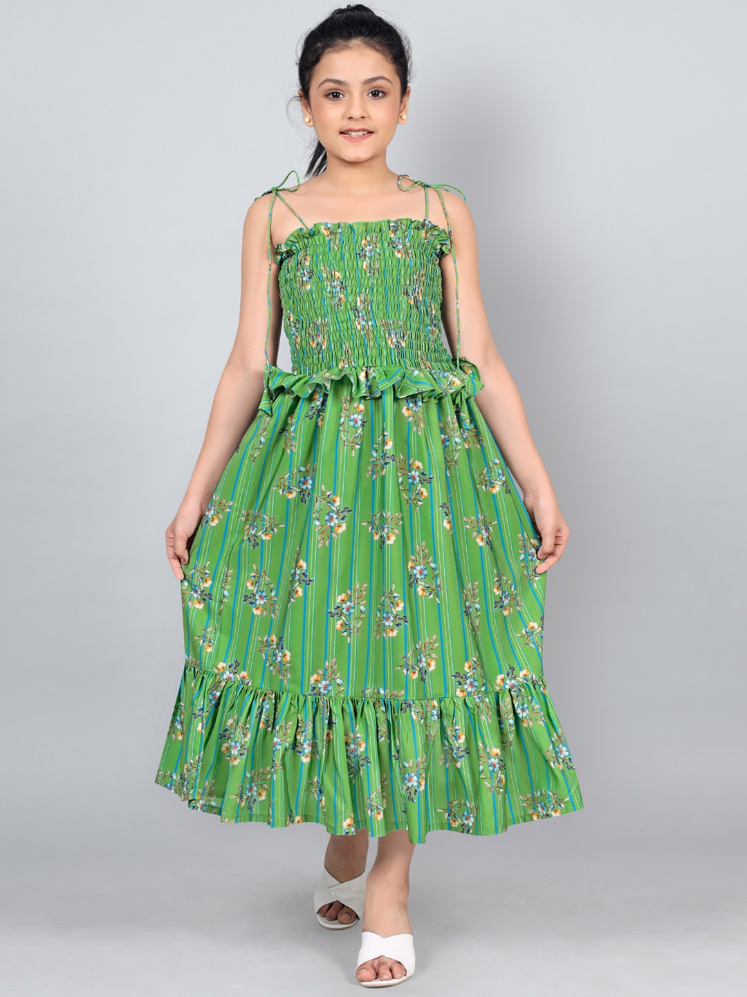 

FASHION DREAM Girls Floral Printed Smocked Shoulder Straps A-Line Midi Dress, Green
