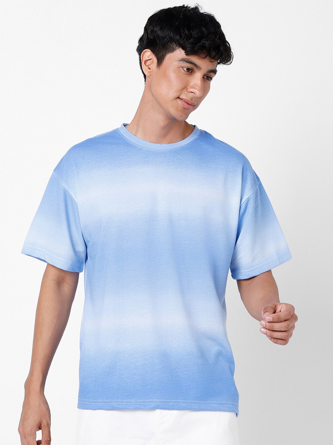 

VASTRADO Ombre Dye Round Neck Oversized Cotton Casual T-Shirt, Blue