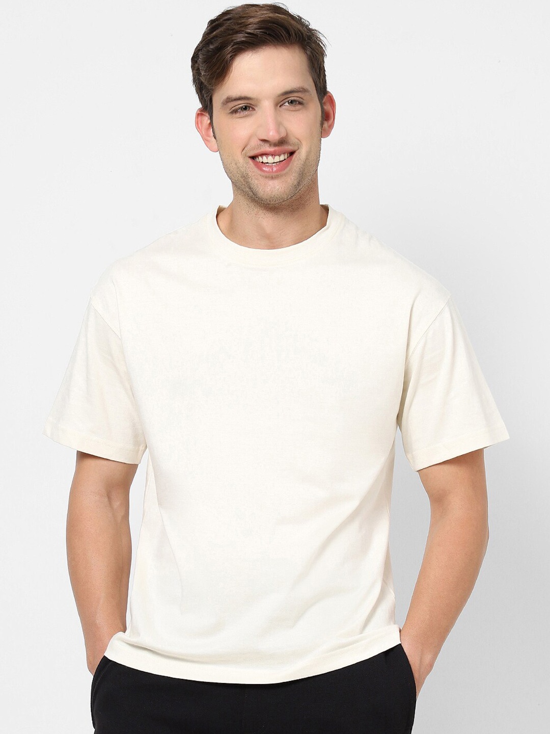 

VASTRADO Round Neck Cotton Casual T-Shirt, Off white
