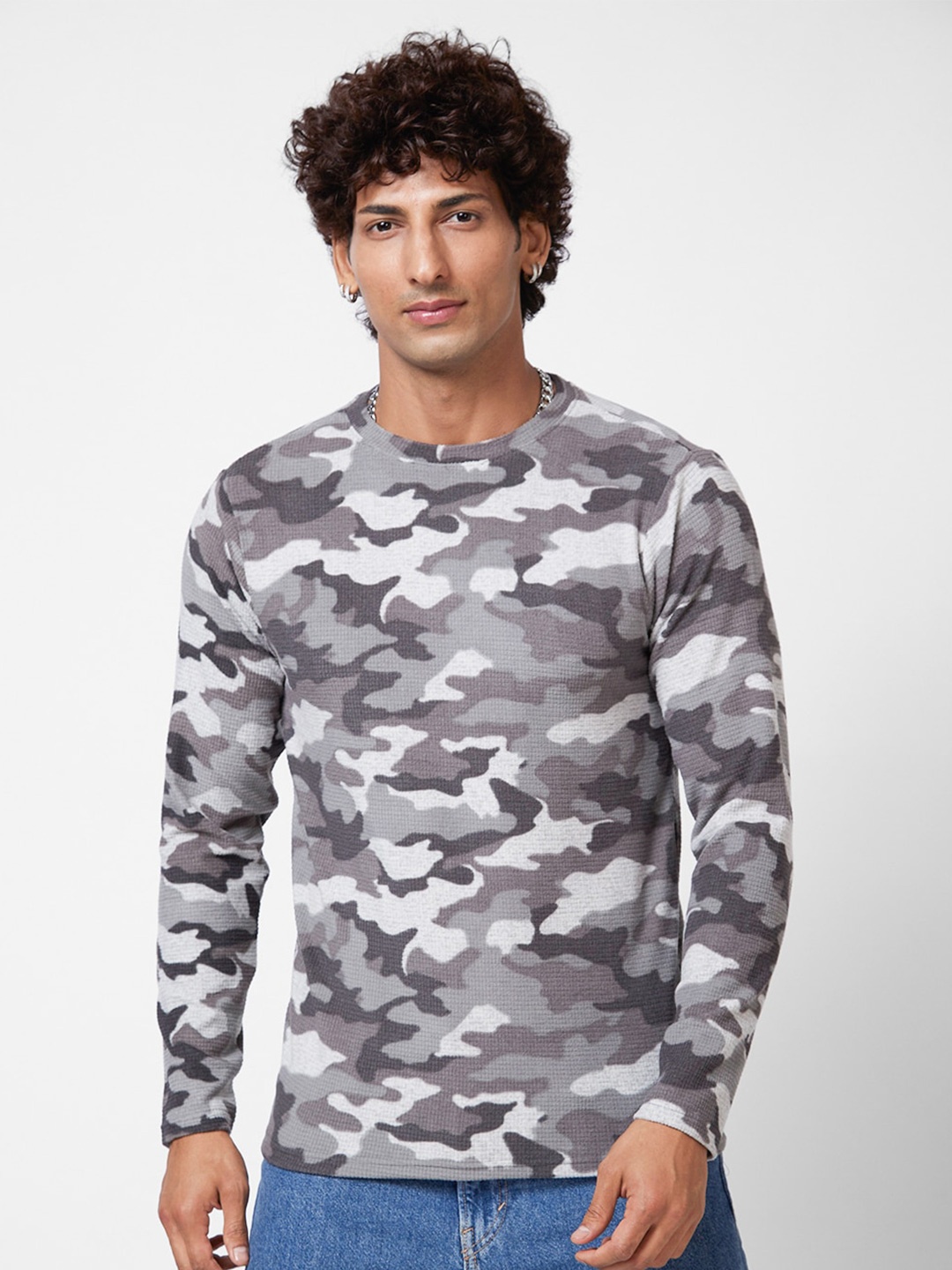 

VASTRADO Camouflage Printed Round Neck Relaxed Fit Cotton Casual T-Shirt, Grey