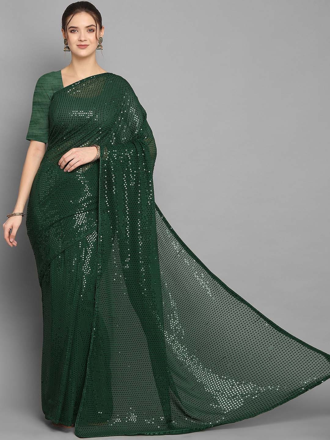 

CLEMIRA Embellished Pure Georgette Saree, Green