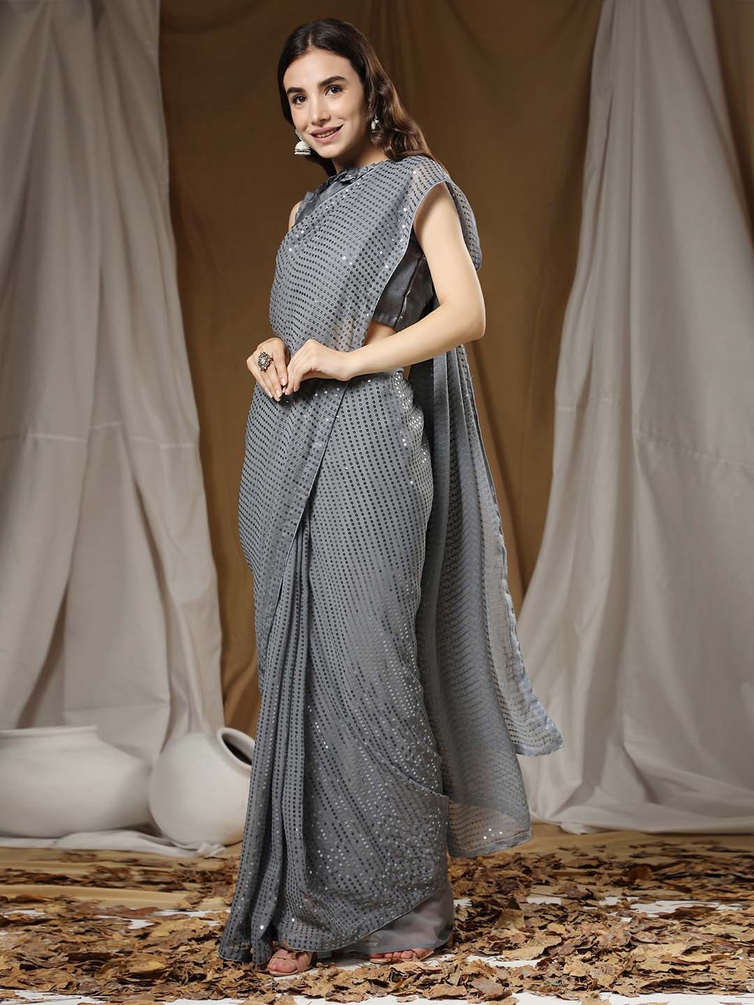 

CLEMIRA Embellished Sequinned Pure Georgette Saree, Grey