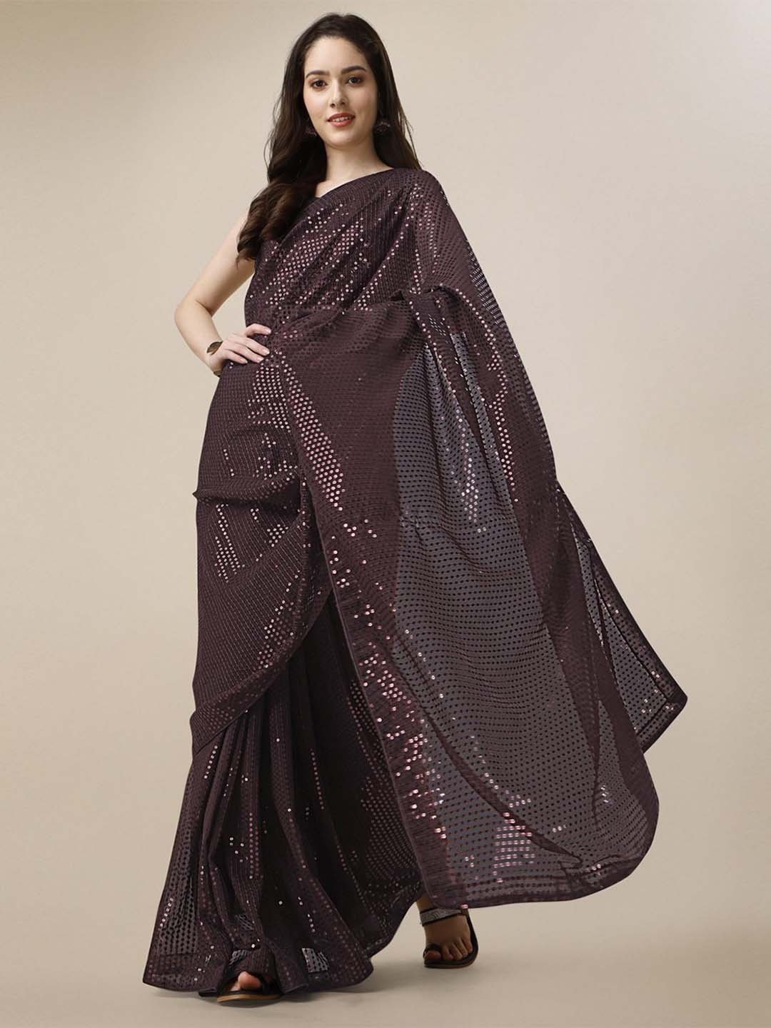 

CLEMIRA Embellished Sequinned Pure Georgette Saree, Camel brown