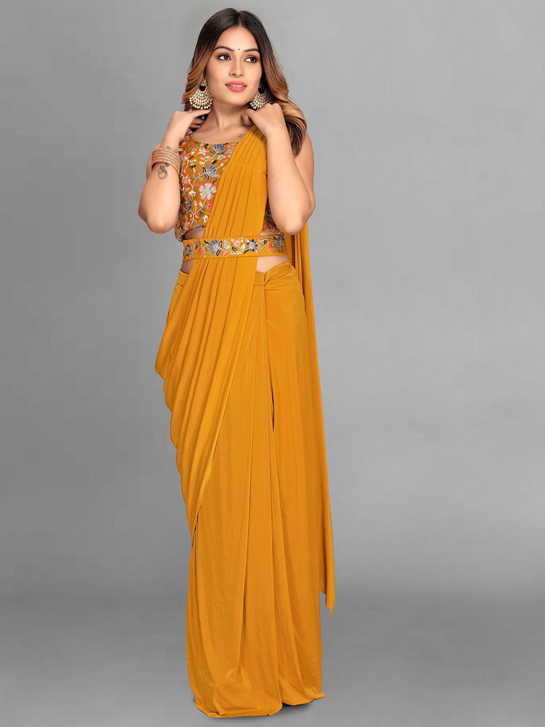 

CLEMIRA Pleated Embroidered Ready To Wear Saree, Mustard