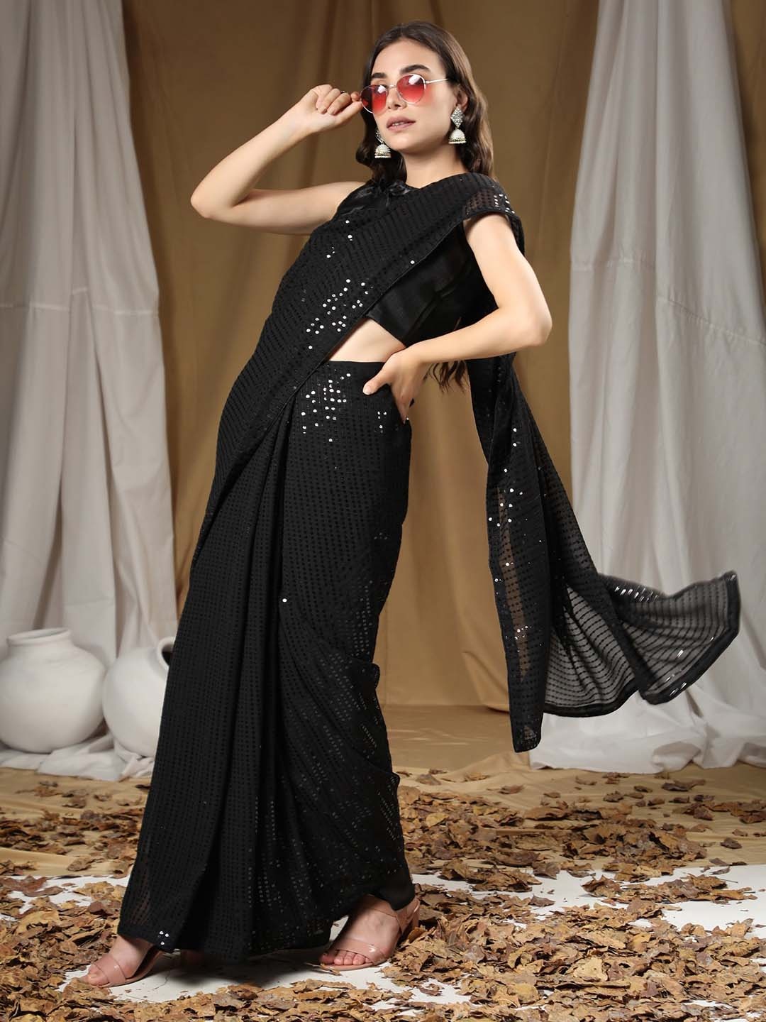 

CLEMIRA Embellished Sequinned Pure Georgette Saree, Black