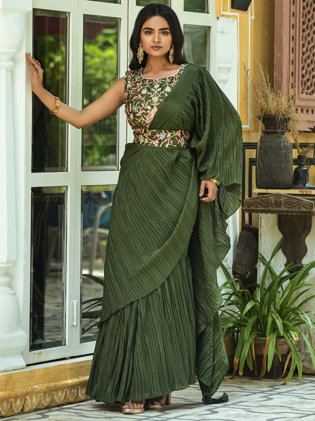 

CLEMIRA Pleated Embroidered Ready To Wear Saree, Green