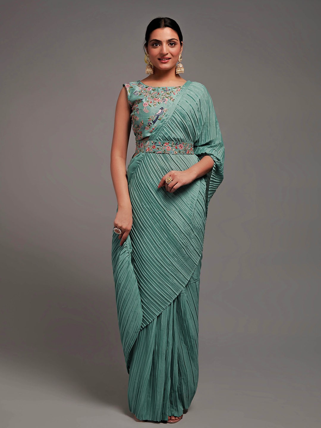 

CLEMIRA Pleated Embroidered Ready To Wear Saree, Teal