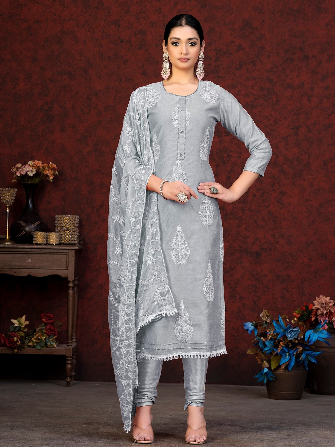 

KALINI Ethnic Motif Embroidered Unstitched Dress Material, Grey