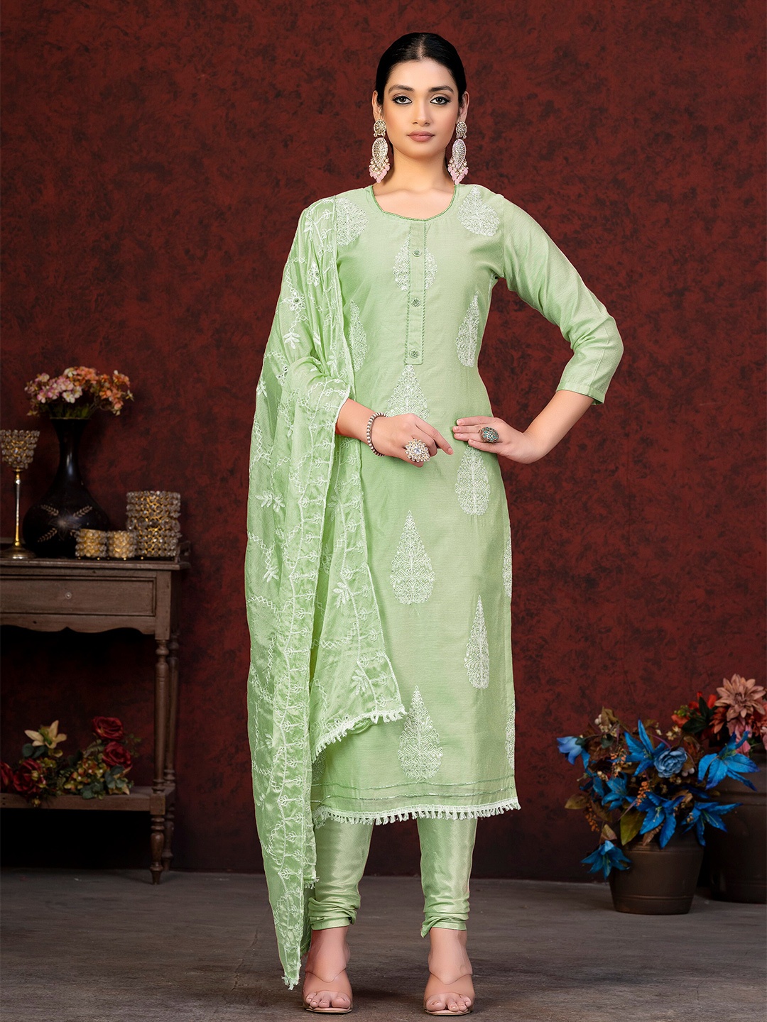 

KALINI Ethnic Motifs Embroidered Sequinned Unstitched Dress Material, Green