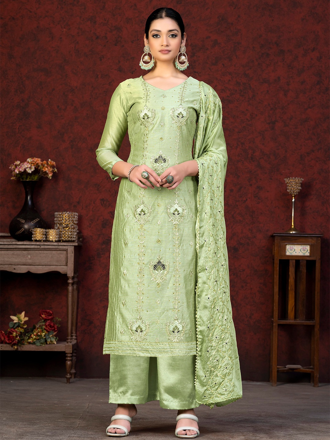 

KALINI Embroidered Unstitched Dress Material, Green