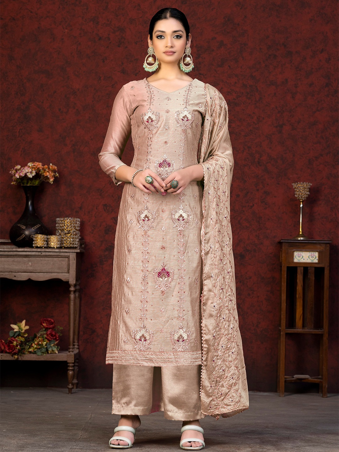 

KALINI Ethnic Motif Embroidered Unstitched Dress Material, Beige