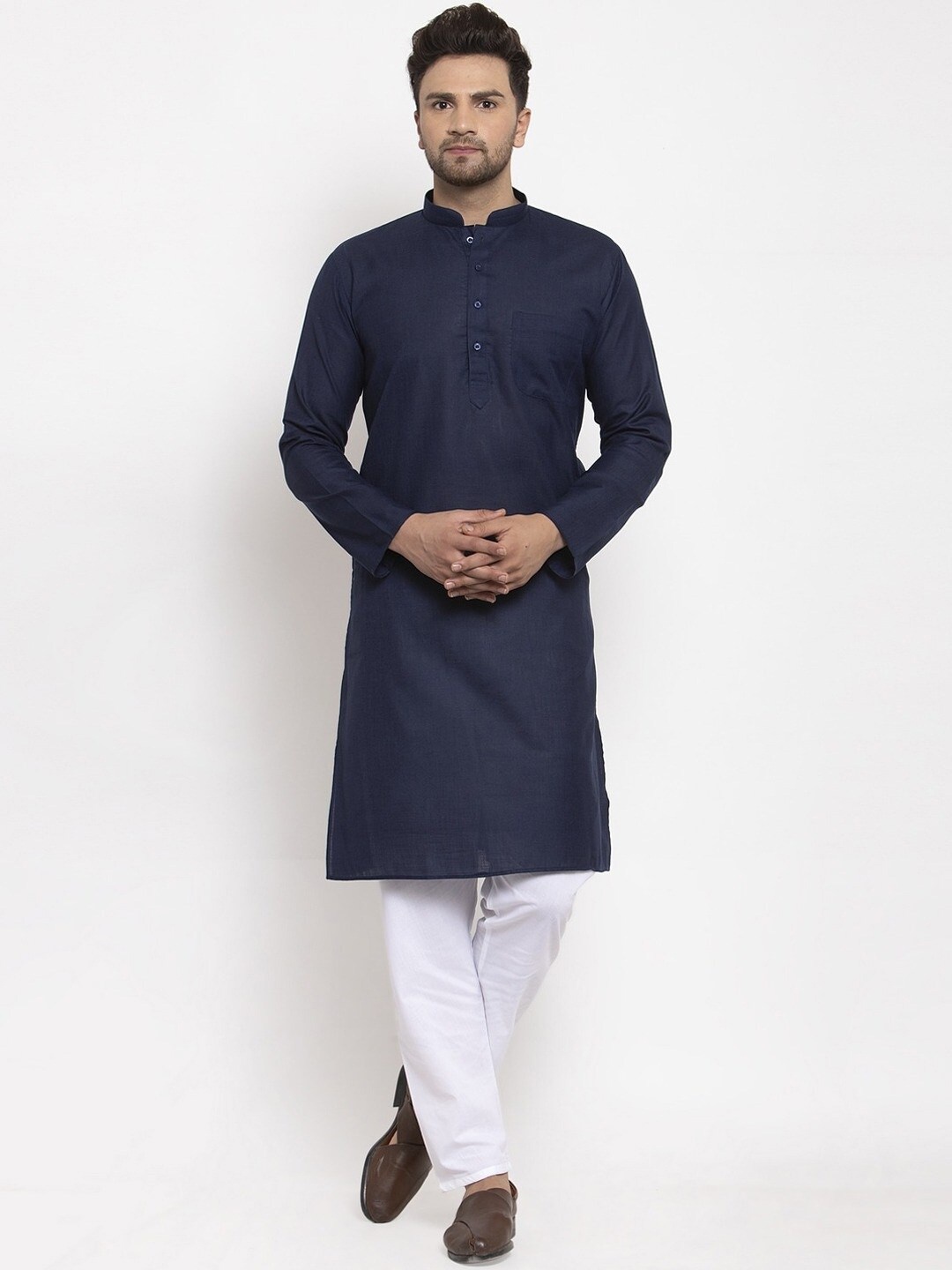 

Angroop Mandarin Collar Straight Kurta With Pyjamas, Navy blue