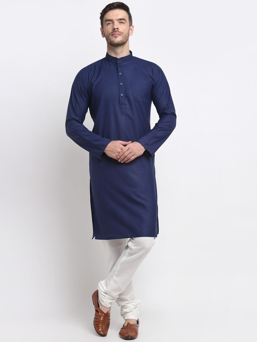 

Angroop Mandarin Collar Straight Kurta With Pyjamas, Navy blue