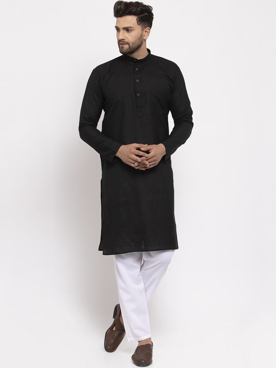 

Angroop Band Collar Straight Kurta with Pyjamas, Black