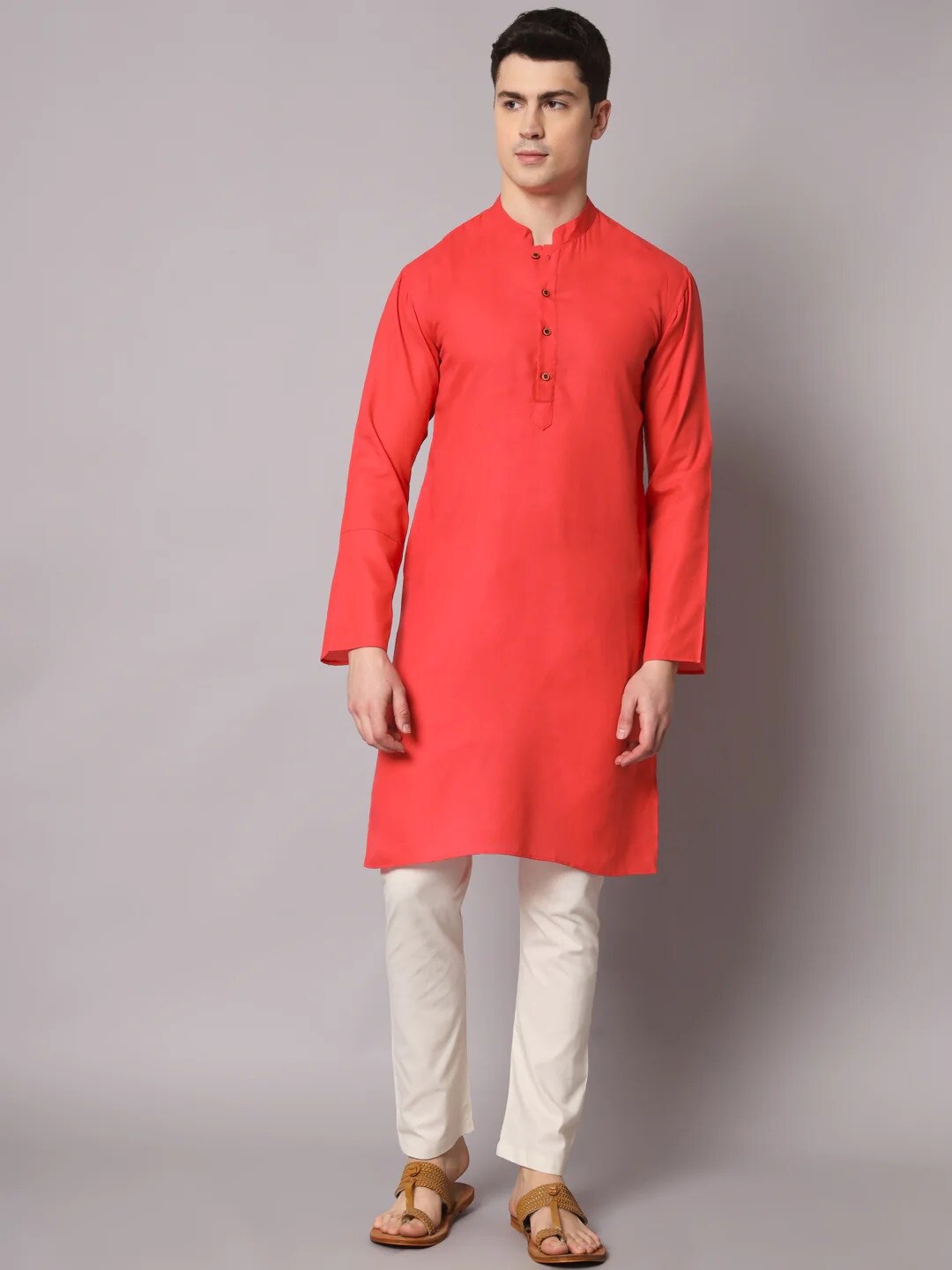 

Angroop Mandarin Collar Straight Kurta with Pyjamas, Orange