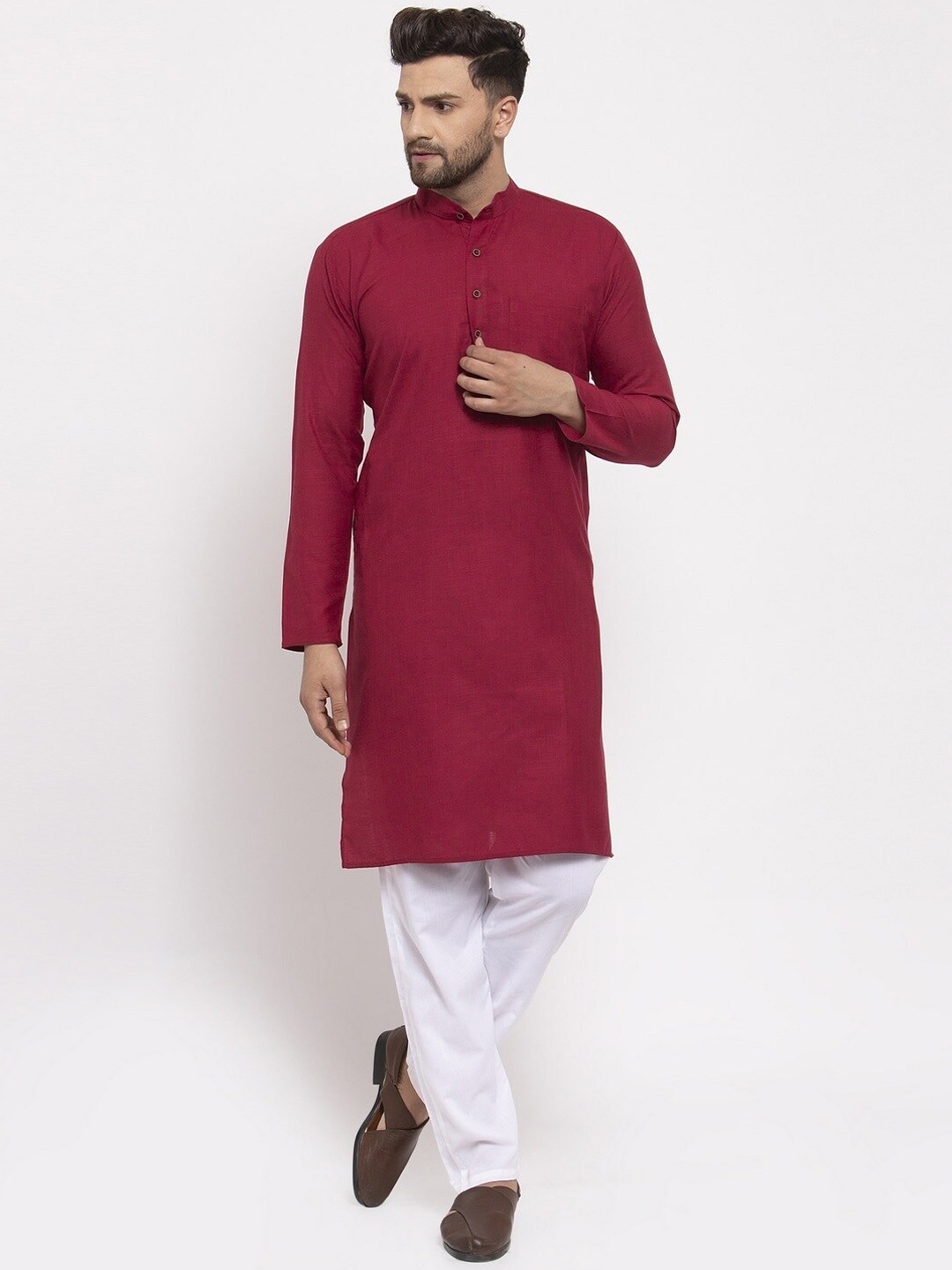 

Angroop Men Magenta Regular Chikankari Kurta with Churidar