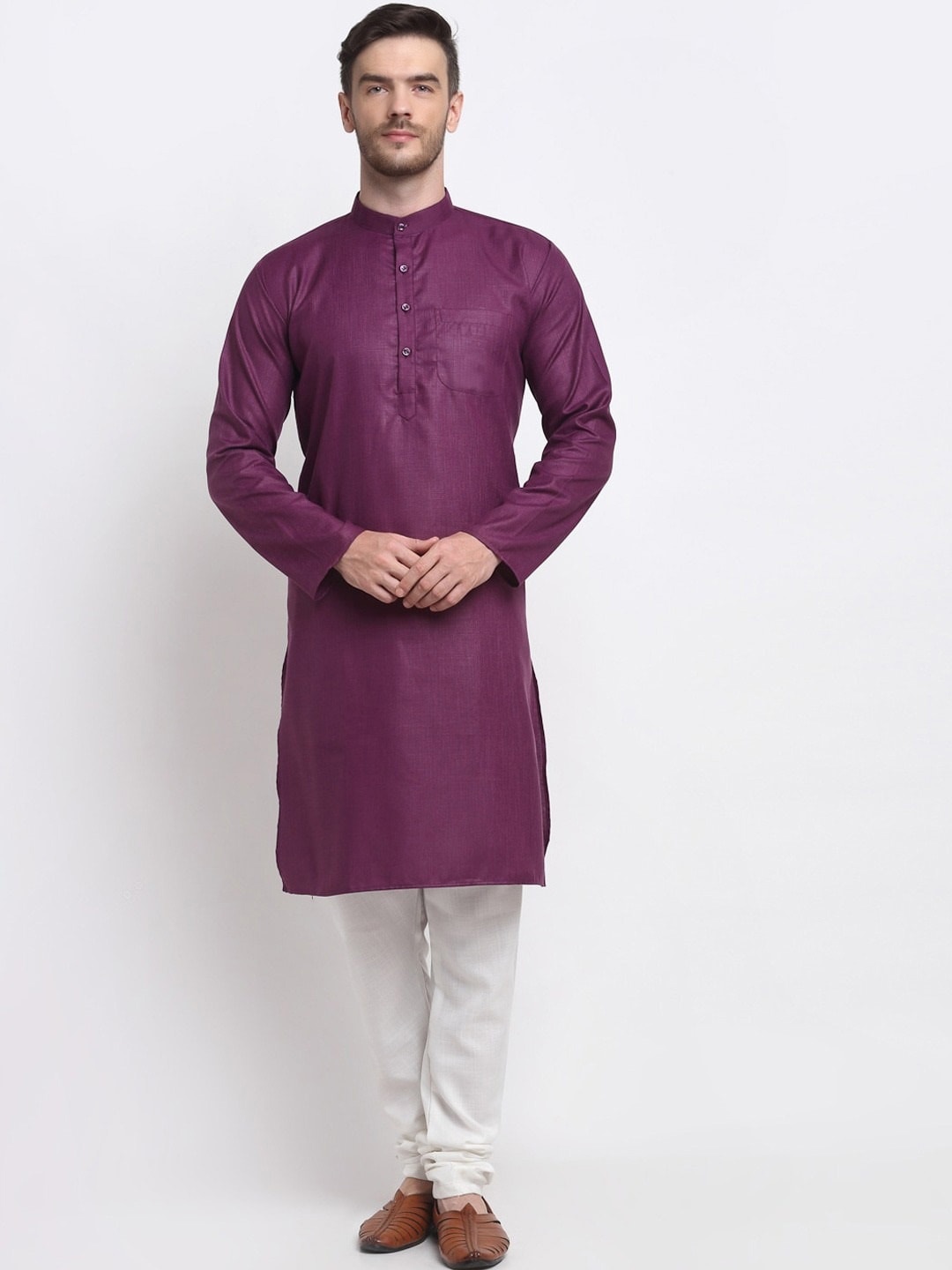 

Angroop Band Collar Straight Kurta with Churidar, Purple