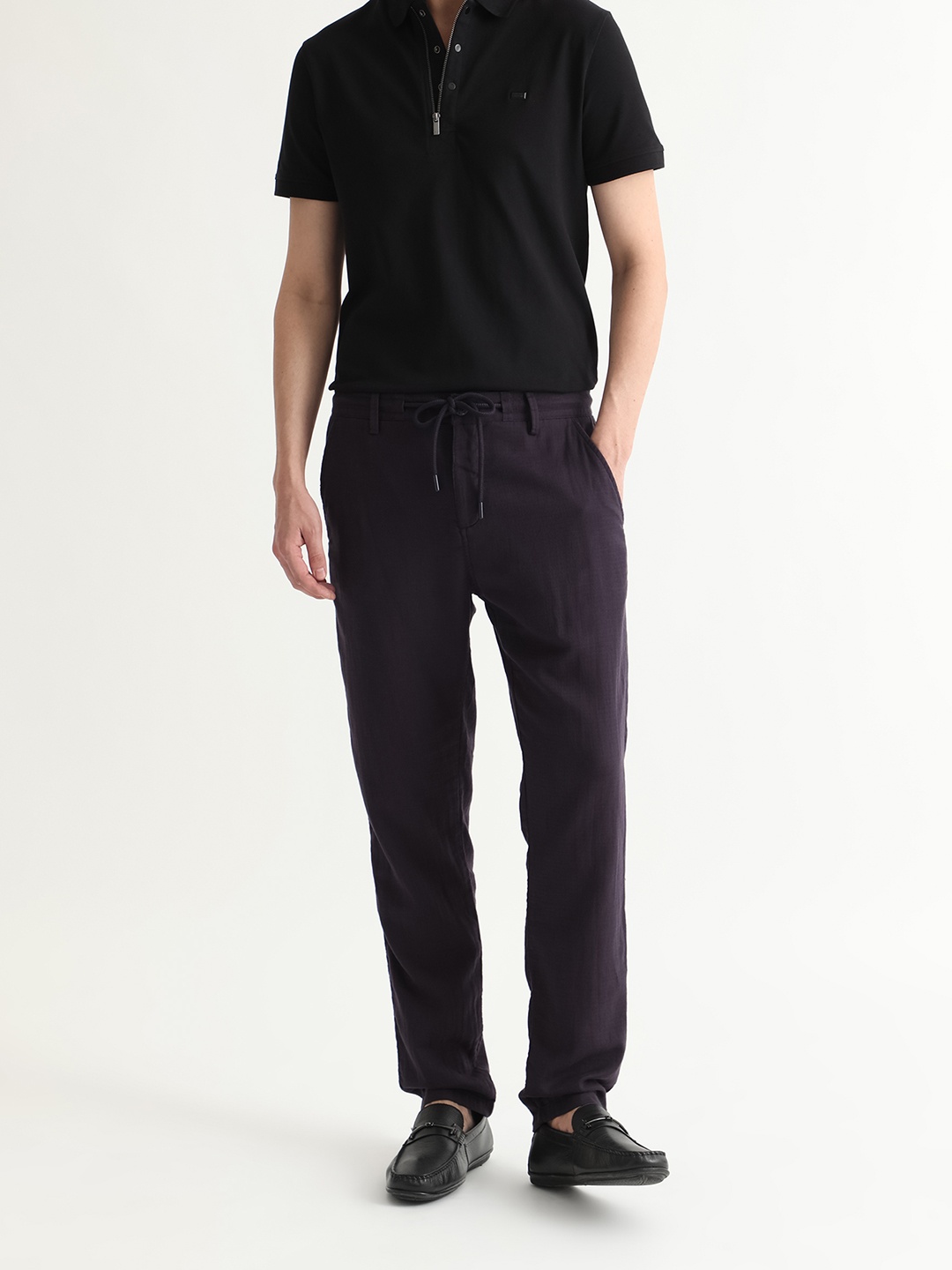 

RARE RABBIT Men Pastor Drawstring Mid-Rise Slim Fit Joggers Cotton Trouser, Purple