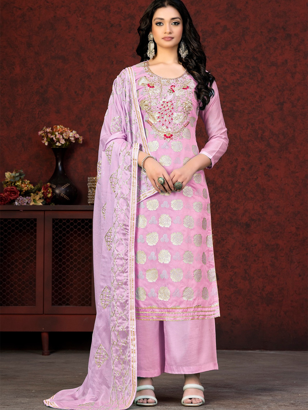 

KALINI Woven Design Gotta Patti Unstitched Dress Material, Pink