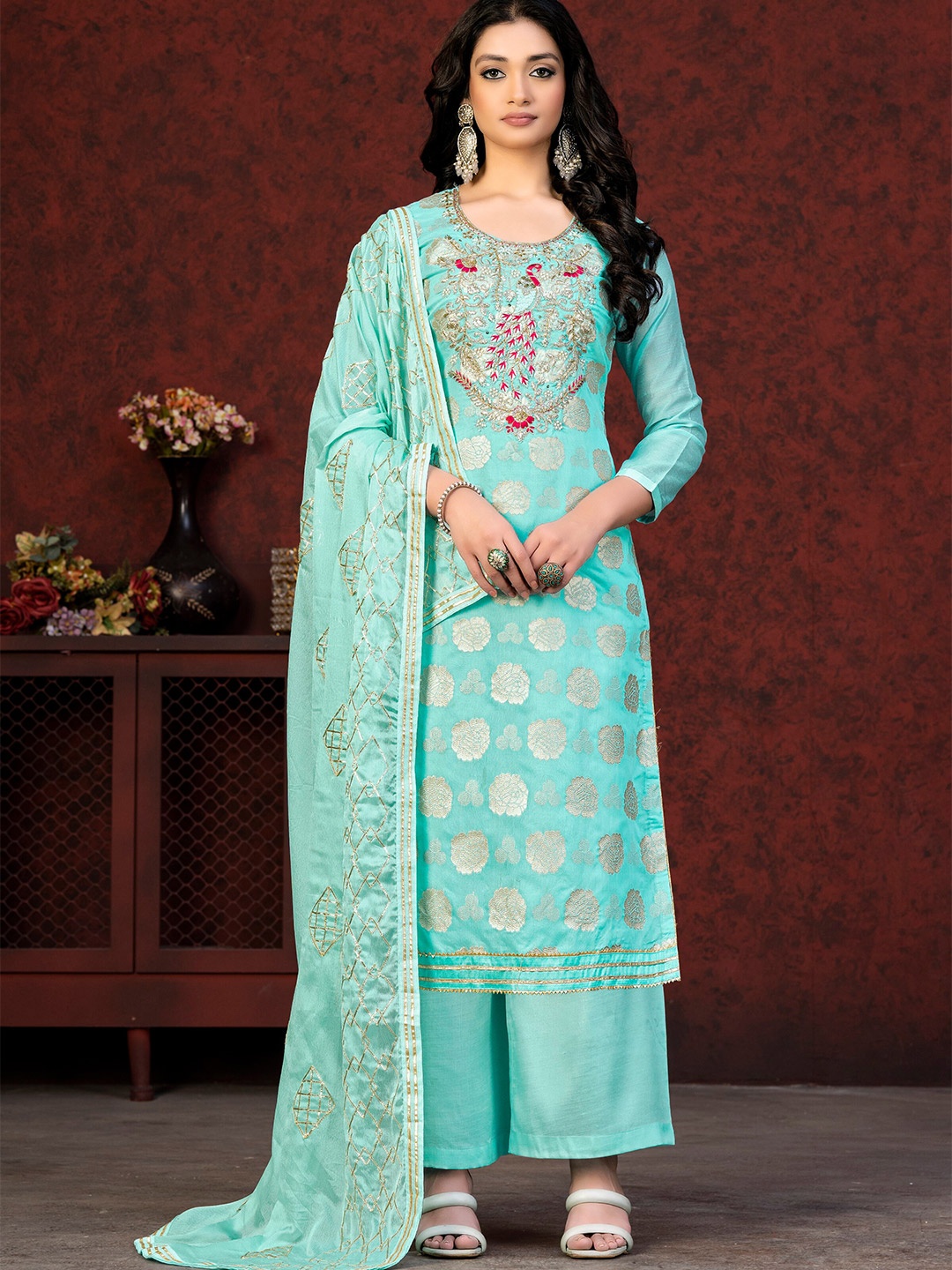 

KALINI Floral Woven Design Unstitched Dress Material, Turquoise blue