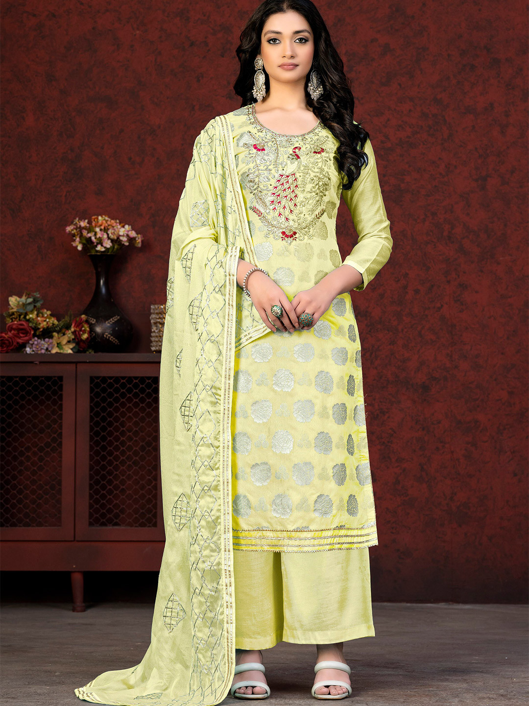 

KALINI Floral Woven Design Unstitched Dress Material, Yellow