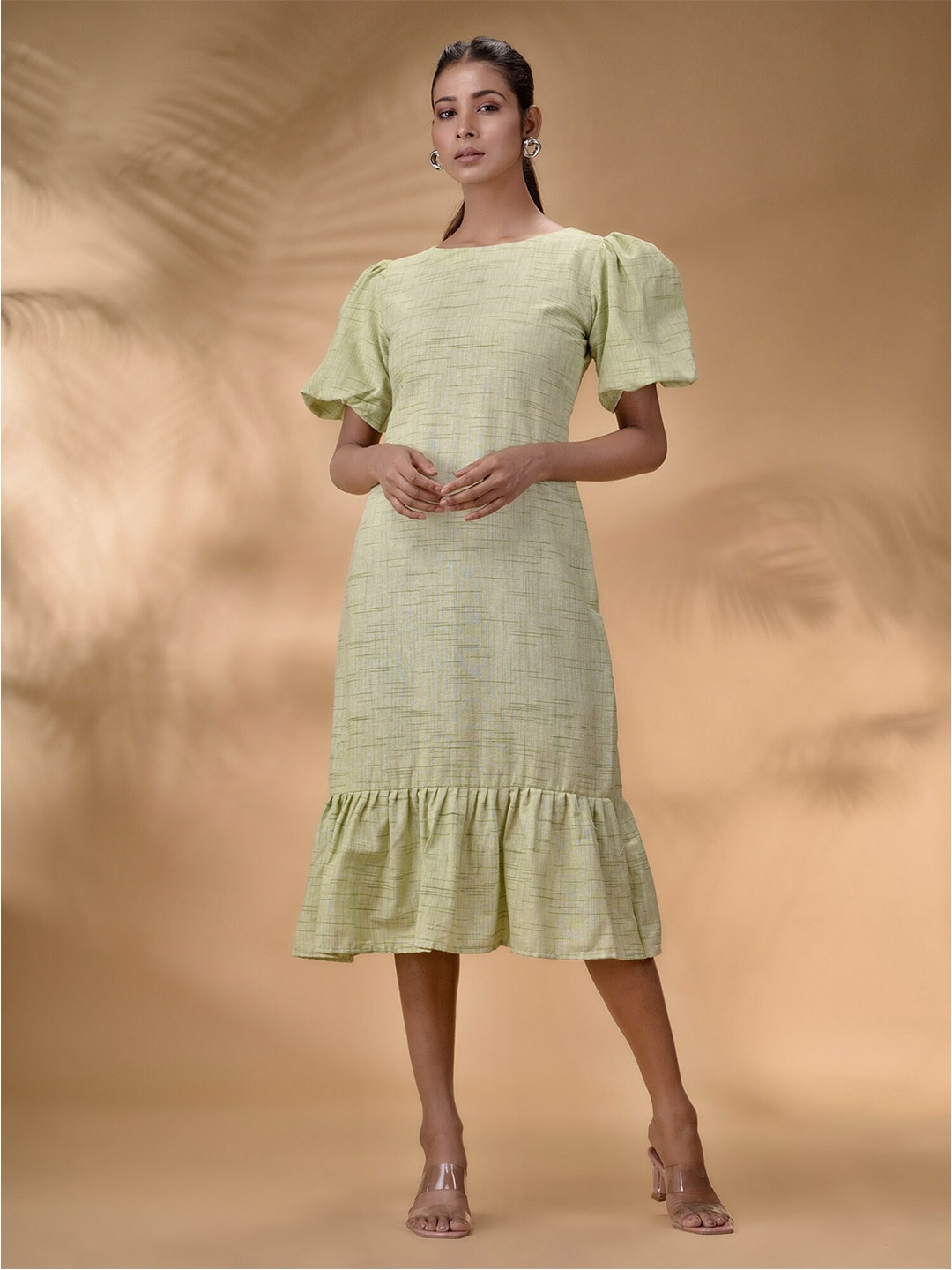 

Disli Green Flutter Sleeve A-Line Midi Dress