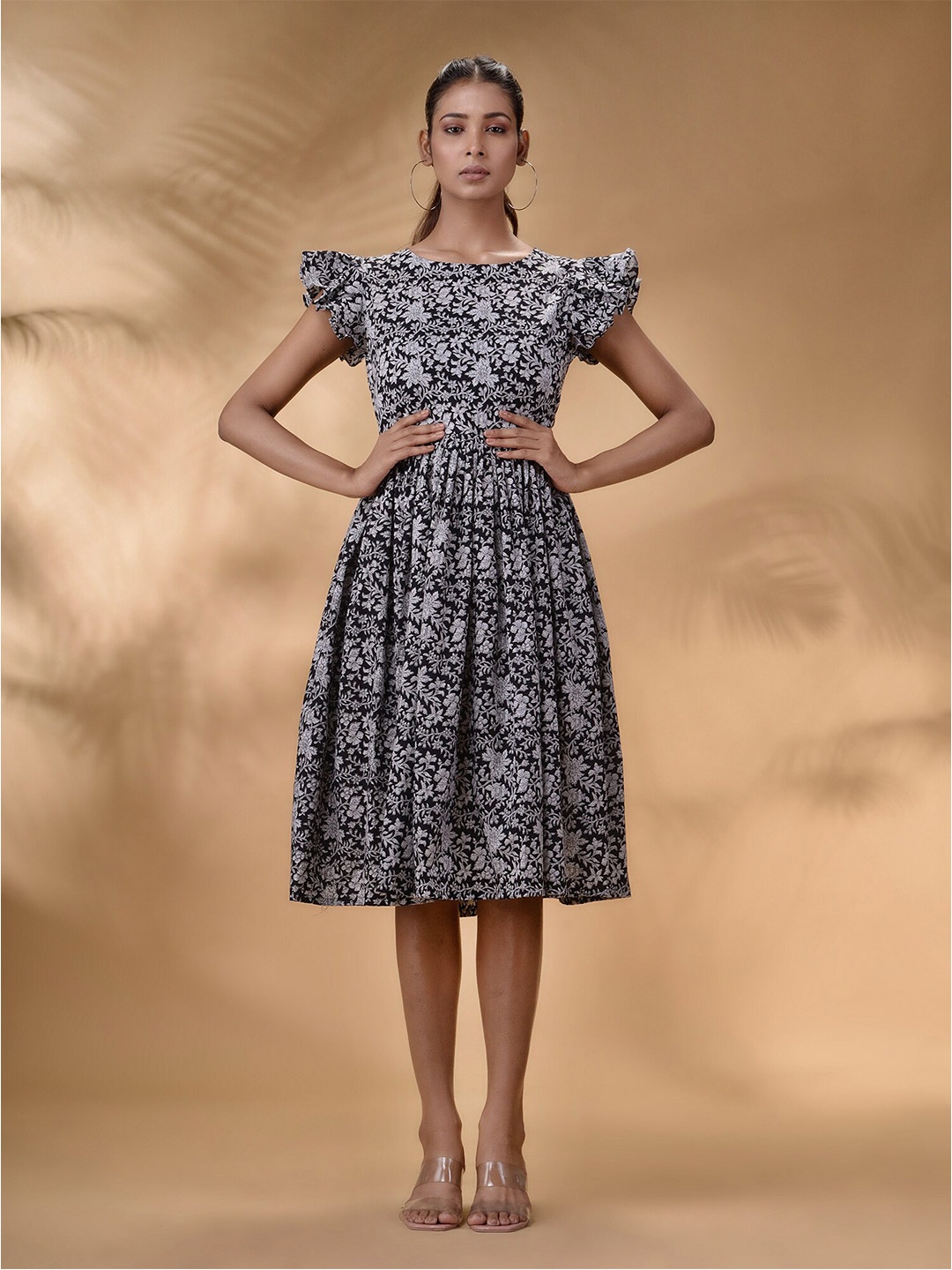 

Disli Floral Printed Flutter Sleeves A-Line Cotton Dress, Black